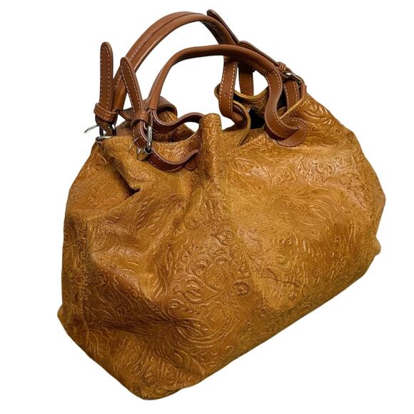 ISADORA Jumbo Embossed Floral Tooled Leather Satchel Tote Tan Large Brown Italy - Picture 1 of 13